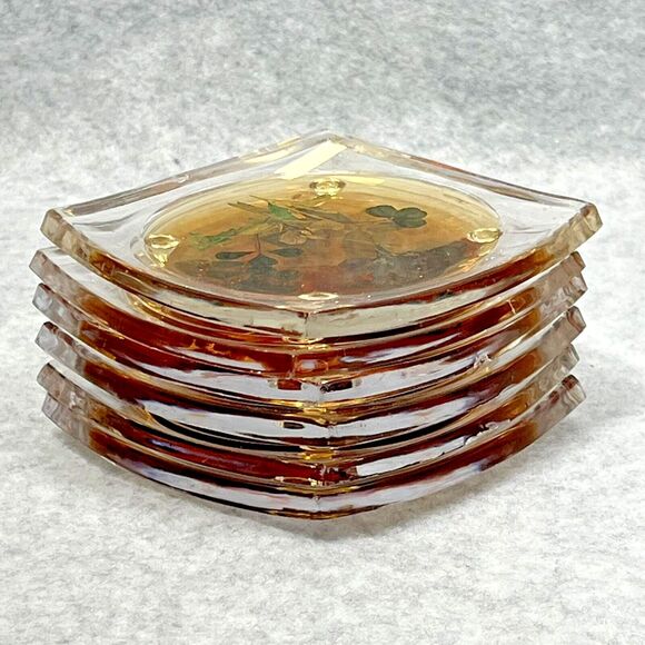 Vintage Lucite Acrylic Footed Coasters Dried Pressed Flowers Set of 6 Clear 3.5" - Picture 13 of 16